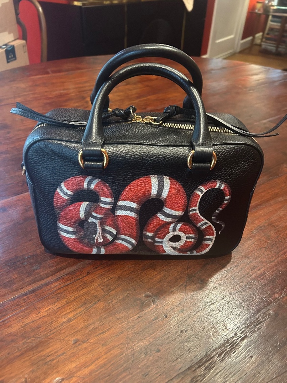Authenic GUCCI Sylvie Web Kingsnake Zip Camera Bag in Grained Calfskin